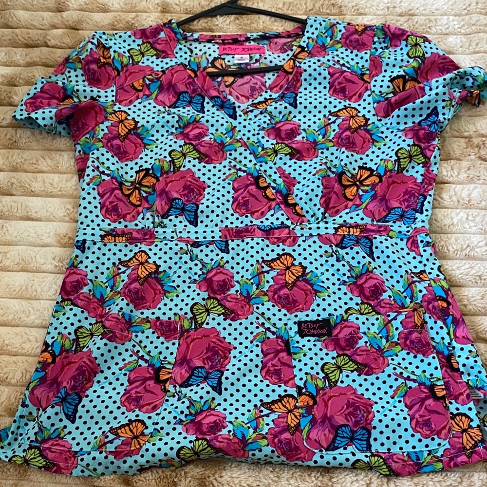 Floral Polka Dot Women's Scrub Top - Blue and Pink